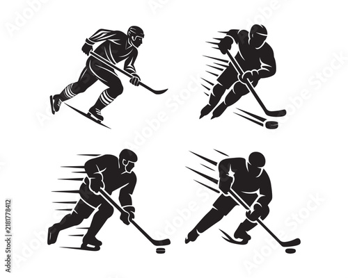 ice hockey player silhouette, skating with hockey, hockey player silhouette, lady ice hockey attackers black vector design illustration set collection