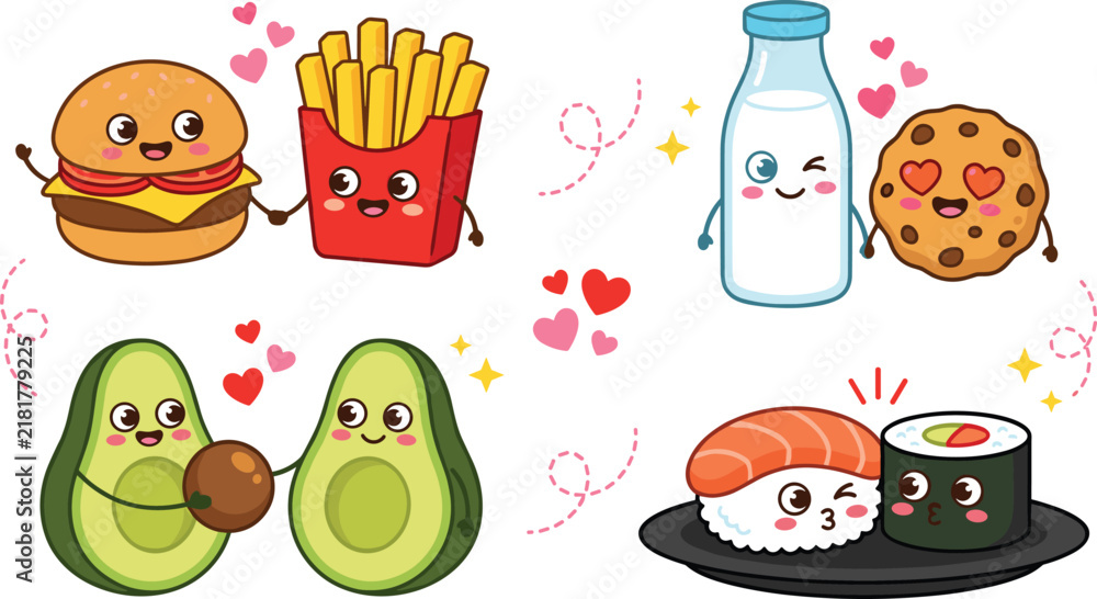 Fototapeta premium Cute kawaii cartoon food best friends couples vector icon set representing love romance and sweet relationship concepts
