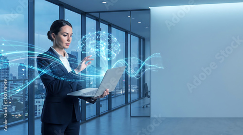 Professional Businesswoman Using Futuristic Digital Data Interface in Office