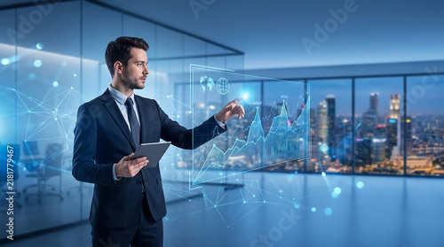 Businessman Analyzing Futuristic Digital City Data and Smart Technology