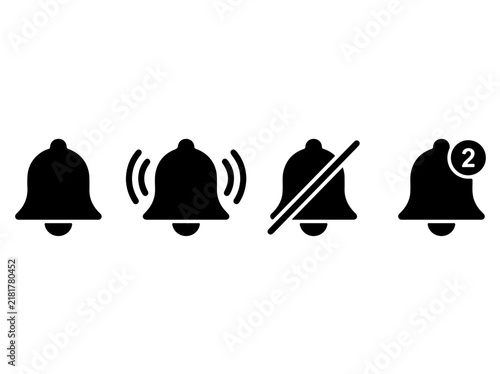 Bild auf Leinwand Black notification bell icons, set of four variations including ringing, muted,
