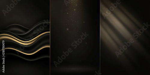 Dark triptych featuring wavy black and gold silk fabric, floating particles, and light beams