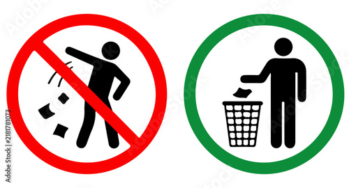 Littering prohibition sign and proper waste disposal sign featuring a human figure throwing trash into a bin isolated on a white background
