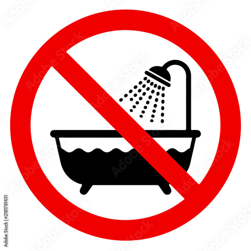 A circular red prohibition sign with a black bathtub and shower icon, indicating that bathing or showering is strictly forbidden in this area