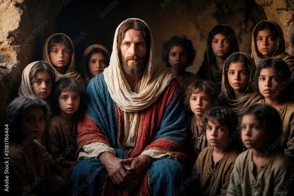 Obraz premium Jesus sits with group of children. Young boys and girls gather around him. He looks thoughtful, attentive to them. They look at him with curious, innocent eyes.