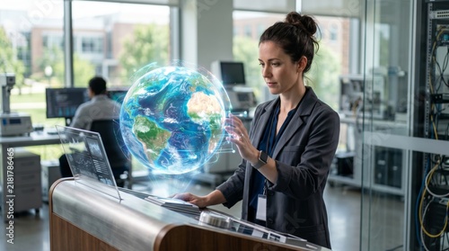 A confident Caucasian woman interacts with a holographic globe in a modern tech environment, showcasing innovation and future technology.
