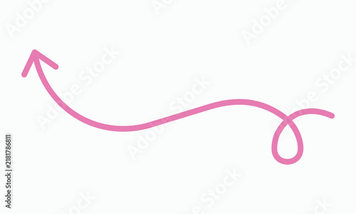 A pink curved arrow with swirl end points upwards on a light gray background, perfect for indicating direction or progress in designs.