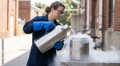 A young Caucasian woman in blue gloves pours liquid nitrogen from a metal container, creating a foggy effect in the air.