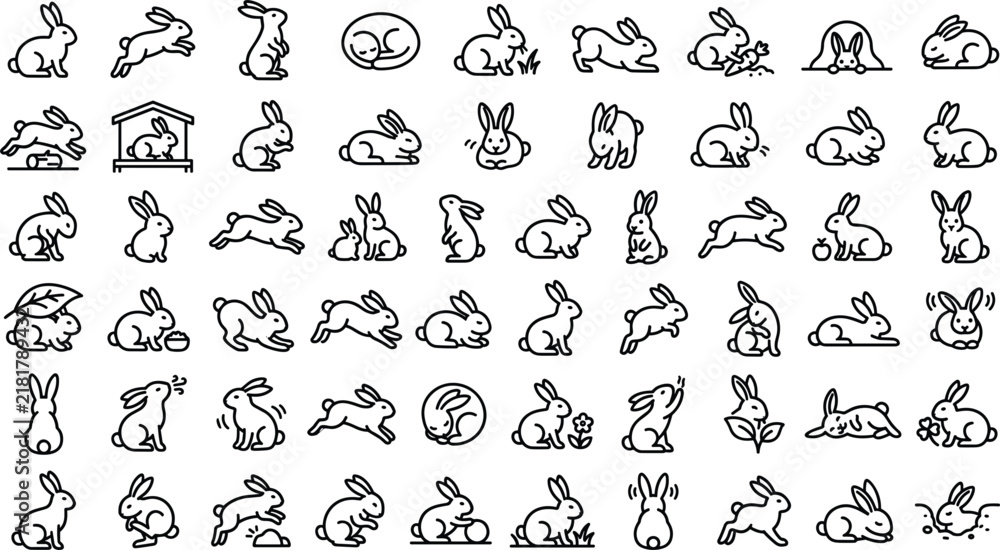 Fototapeta premium Cute Rabbit and Bunny Poses Line Icon Set Featuring Hopping, Sitting, Sleeping, Eating Carrots, and Easter Bunny Vector Symbols