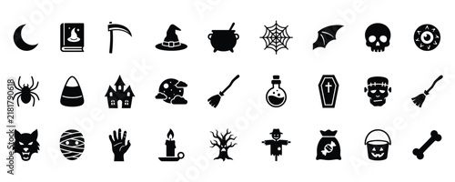 A collection of black silhouette icons representing various spooky halloween symbols and traditional festive elements for holiday design projects