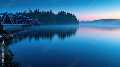 Pedestrian bridge over calm river with morning mist and forest reflections