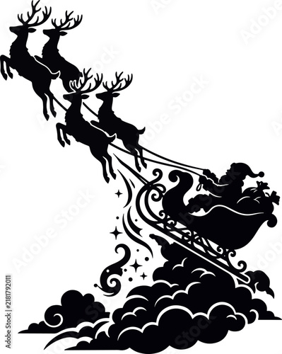 Silhouette vector of Santa Claus riding his flying sleigh with reindeer over magical clouds for holiday seasonal celebration.