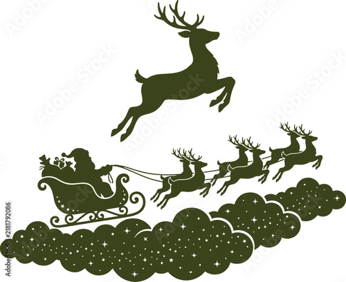 Silhouette of Santa Claus riding his sleigh with reindeer over magical clouds and stars isolated on white background vector illustration