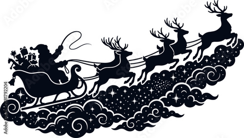 Silhouette of Santa Claus flying in his sleigh with reindeer over starry clouds for Christmas holiday vector illustration background.