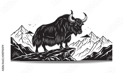 Yak with horns silhouette, Yak with large horns fight vector, Yak standing on mountain silhouette, Yak with rider vector design, Yak on snowy hill silhouette