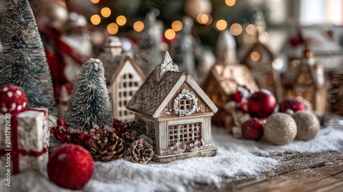 Miniature Christmas village display with snow and festive decorations