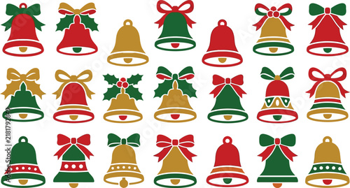 Colorful collection of vintage christmas bells arranged in a repeating pattern