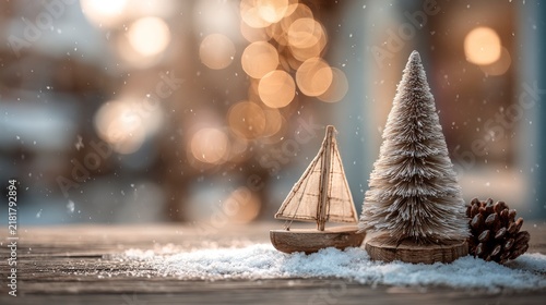 Miniature Christmas tree and sailboat on snowy wooden table