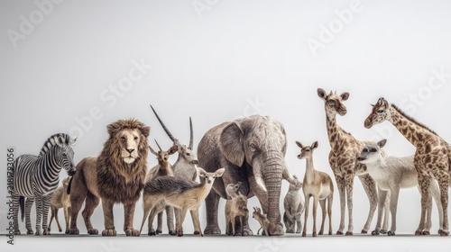 Majestic wild animals standing in a row on white background