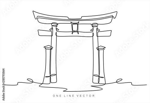 Continuous one line drawing of a red torii gate, sacred entrance and symbol of Japan concept, hand drawn customizable vector, ready to use design 
