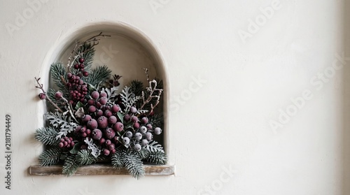 3d First Day of Winter (USA/Canada) abstract background new 2026 Elegant holiday floral arrangement in a decorative archway niche illustration