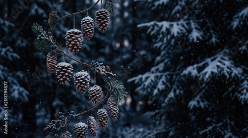 3d First Day of Winter (USA/Canada) abstract background new 2026 Close-up of pine cones on a dark evergreen branch with subtle blue lighting illustration
