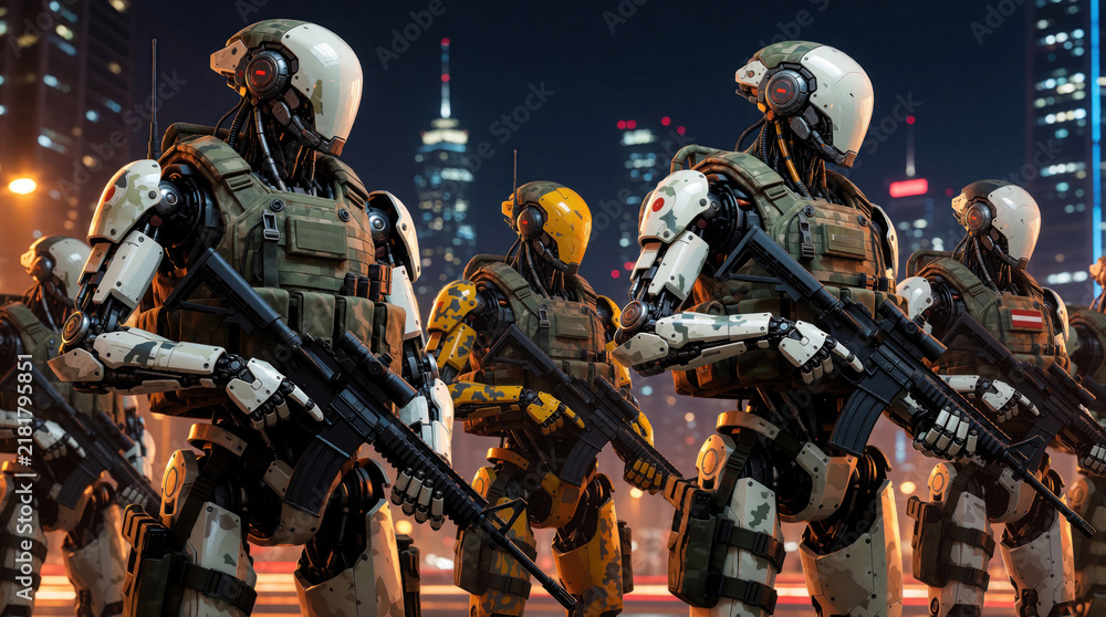 Obraz premium Armored robots with rifles stand guard in a dark city. Futuristic soldiers patrol urban streets at night under building lights. Advanced machines secure the area.