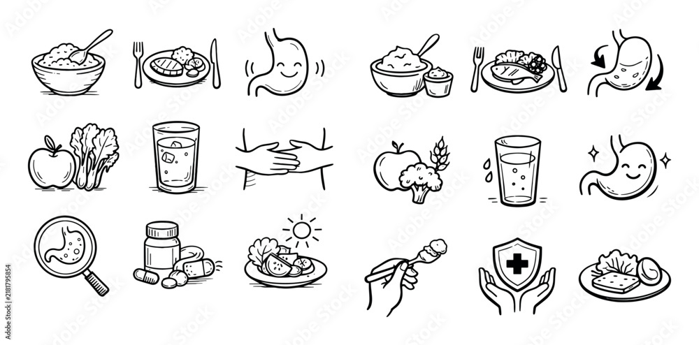 Obraz premium Therapeutic diet and digestive care concept icons with soft foods gentle meal and digestive support for print design in hand drawn sketch style