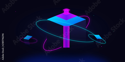 Bild auf Leinwand Neon cube geometric abstract composition with glowing orbital rings on transpare
