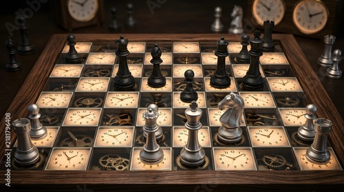 Steampunk themed chess board with intricate clockwork details and metallic pieces.