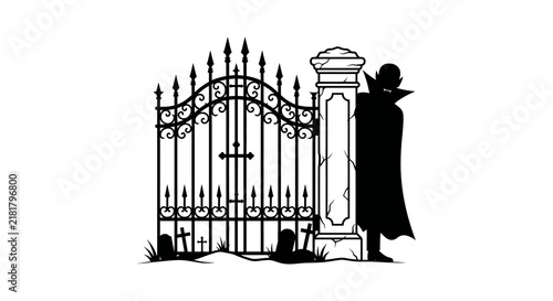 Foto Silhouette of ornate cemetery gate with vampire against white background