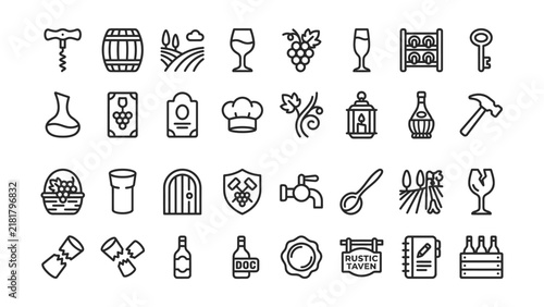 Quadro su tela Collection of wine and vineyard related icons with transparent background for va
