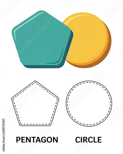 Teal Pentagon and yellow circle shapes with outlines below for education and design concepts