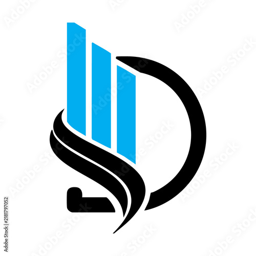 Abstract letter d monogram logo design featuring stylized blue pillars and black swash elements