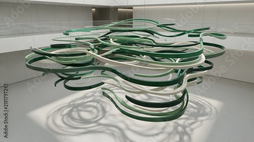 Abstract green and white sculpture installation in a modern gallery space