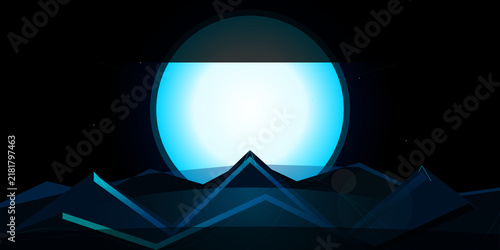 фотографія Abstract geometric mountain landscape with glowing blue celestial sphere on tran
