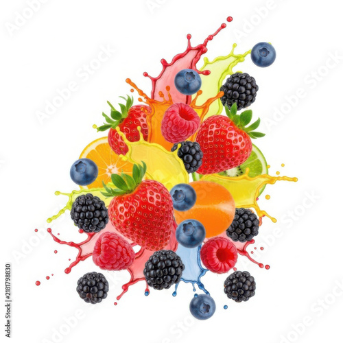 Fresh mixed berries and citrus fruits with dynamic liquid splash