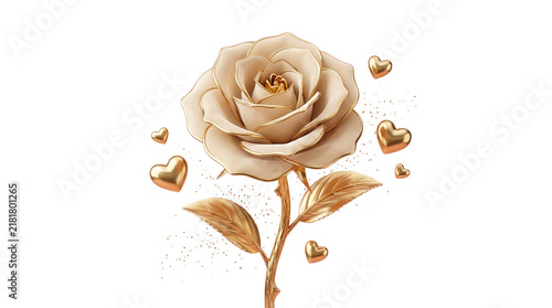 Elegant Gold Rose Flower with Floating Hearts Isolated on White Background