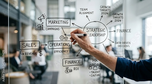 Business professional drawing a strategic leadership mind map on a glass whiteboard in an office.