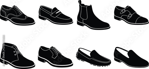 Set of black silhouettes of men shoes and footwear including brogues loafers boots and oxfords
