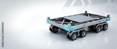 Fototapeta 港湾用大型自動搬送車（AGV）シャシーおよび駆動モジュールの3Dレンダリング コピースペース付き（21:9 Webヘッダー用）