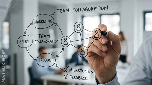 Business professional drawing a team collaboration chart on a glass wall in the office.