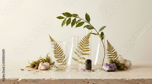 A serene still life arrangement of glass vases and natural elements on a stone surface Modern Science and Research Concept