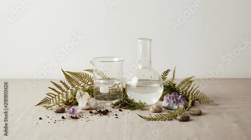 A serene still life of glass beakers and ferns on a wooden table with a white background Modern Science and Research Concept