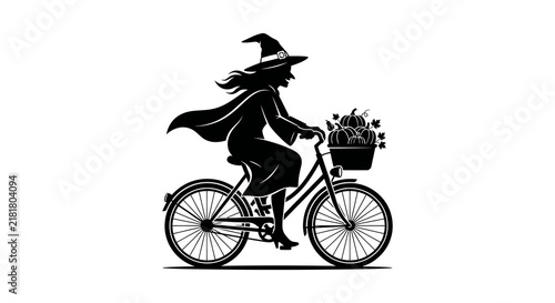 Silhouette of a witch riding a bicycle with pumpkins white background