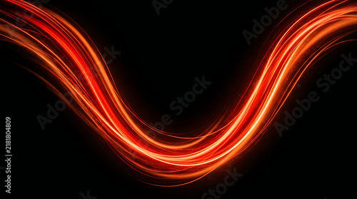 Abstract red light trails forming smooth curves and dynamic ribbons isolated on deep black background for modern technology or speed energy concept