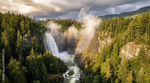 Large waterfall in the rocky grand canyon of yellowstone