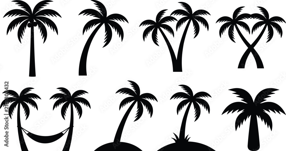 Naklejka premium Tropical palm tree silhouettes vector icon set featuring coco trees hammock island beach elements for summer vacation travel and holiday design.