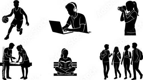 Set of black silhouettes showing diverse students engaged in various academic sports and leisure activities on a white background