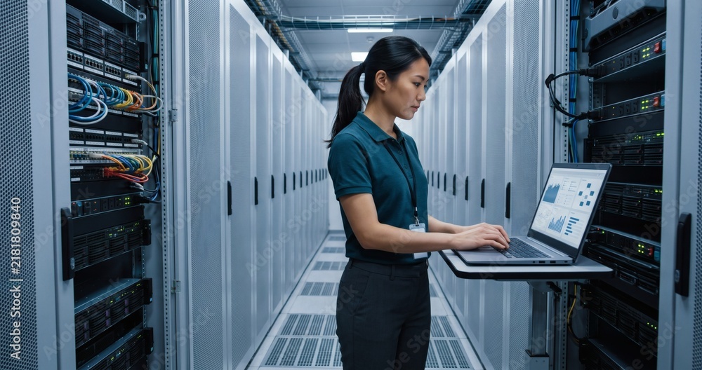 Fototapeta premium Server room monitoring, a technician works on a laptop between rows of network cabinets. Blue cables and illuminated equipment surround her in the narrow brightly lit data center aisle.